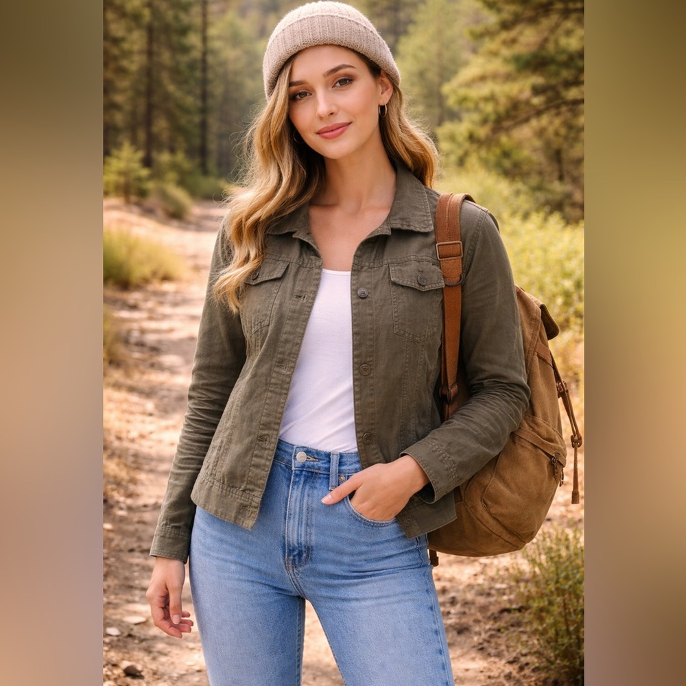 L.L. Bean Utility Linen Blend Jacket Army Green Lightweight Women Large